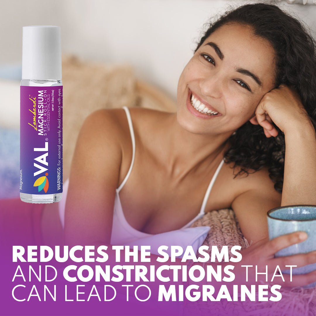 VAL Lombardi Magnesium Stick Rollon with Peppermint & Other Essential Oils, Natural Migraine Relief. Metal Roller - Val Supplements