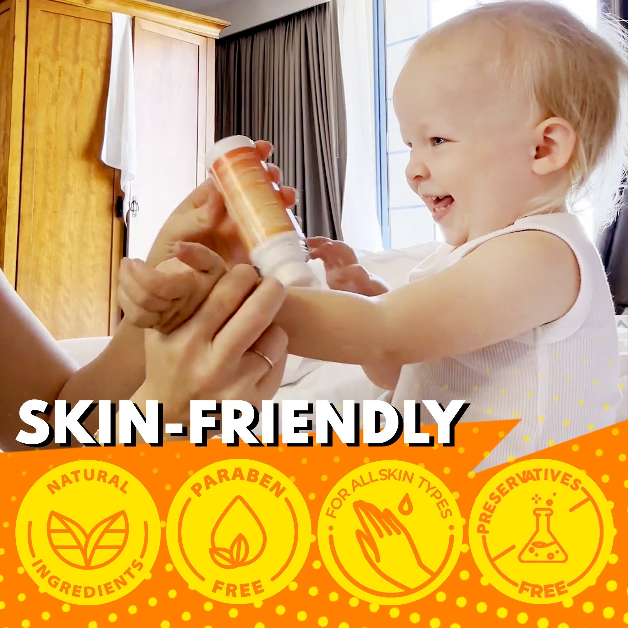 Parent gently applying a kid-safe magnesium roll-on to a toddler’s feet at bedtime as part of a simple, calming routine for sensitive skin.