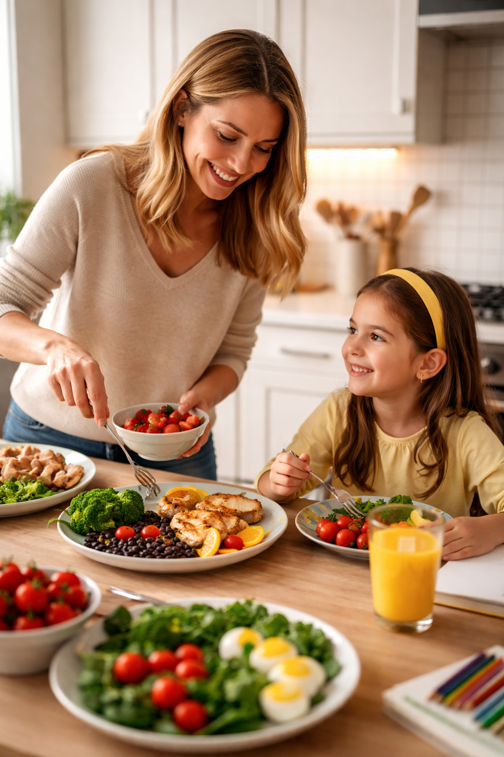mother serving iron-rich dinner with vitamin C sides to school-age child