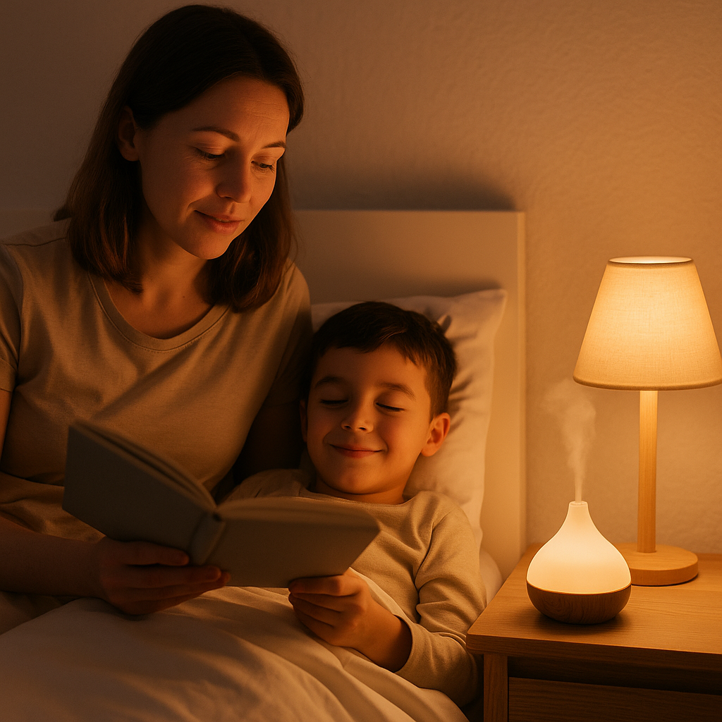 Parent reading a bedtime story to a child while a small diffuser glows on the nightstand, illustrating a gentle kid-friendly aromatherapy bedtime routine without screens.