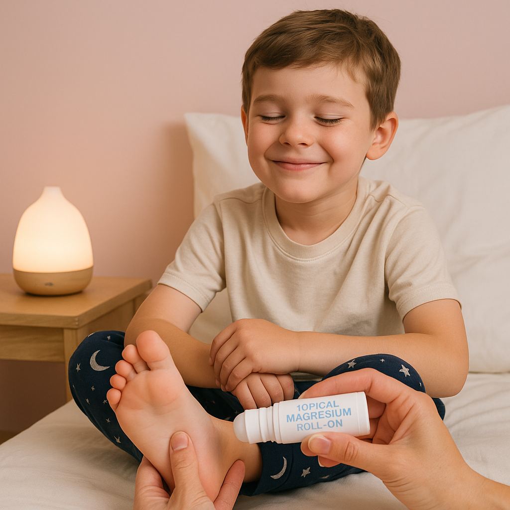 Smiling child on bed while caregiver uses kids’ magnesium roll-on with diffuser nearby, illustrating an easy way to add topical magnesium to evening habits.