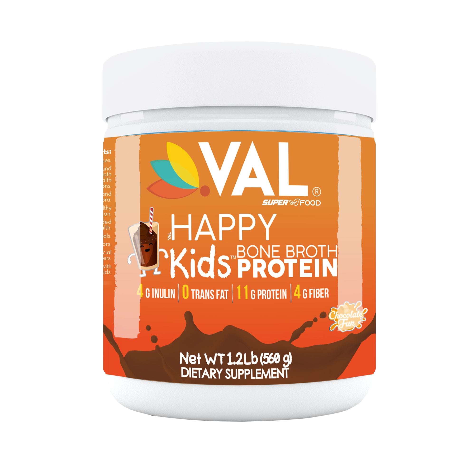 VAL Happy Kids Bone Broth Powder Protein and Collagen Powerhouse: 11g of high-quality protein and 6g of collagen per serving. Enriched with 4g of inulin, Pea Protein, and MCT Oil, Chocolate Fun, 32 servings