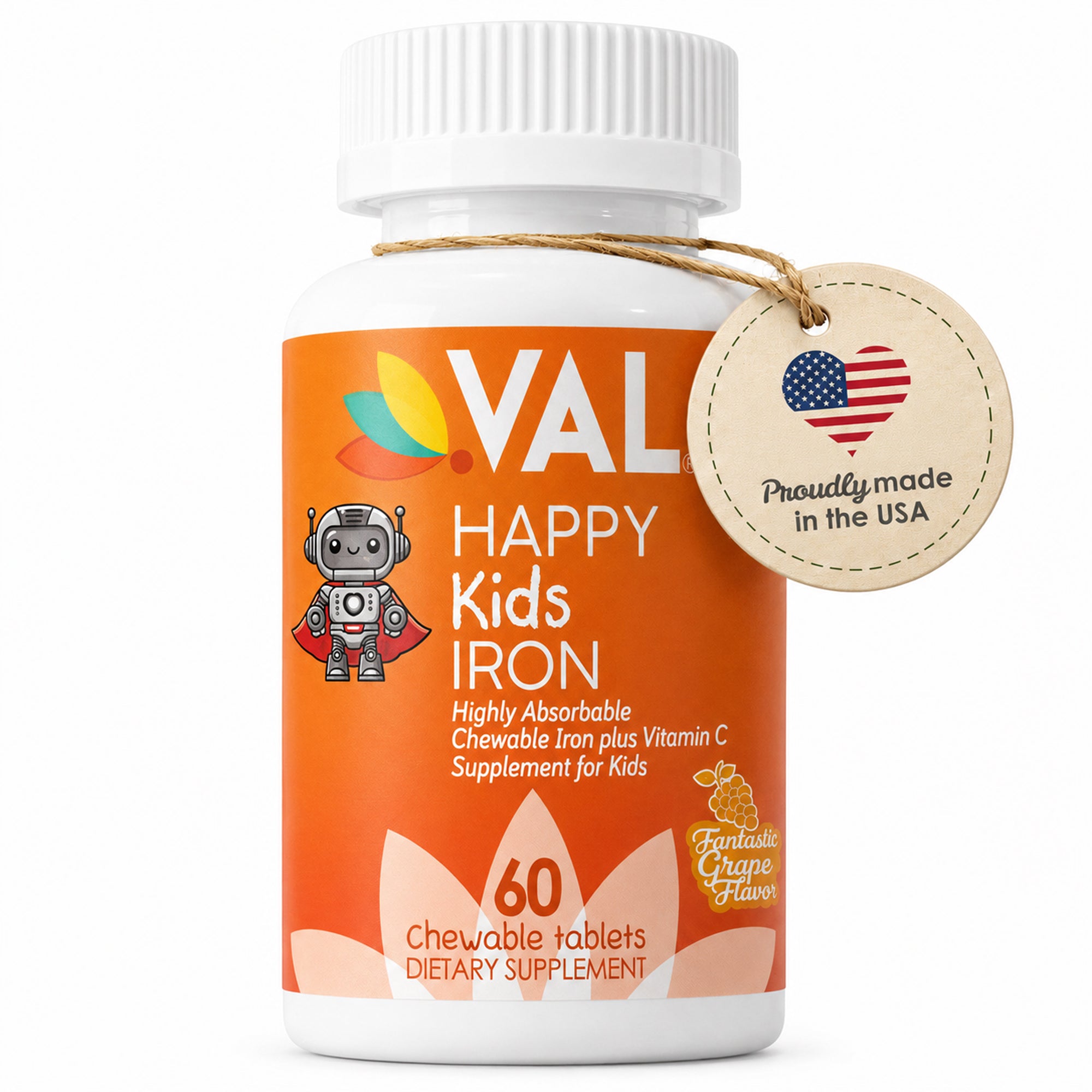 Iron Healthy Energy & Support Chewable for Kids – Sugar-Free | 60 Fun-Shaped Tablets | VAL Happy Kids