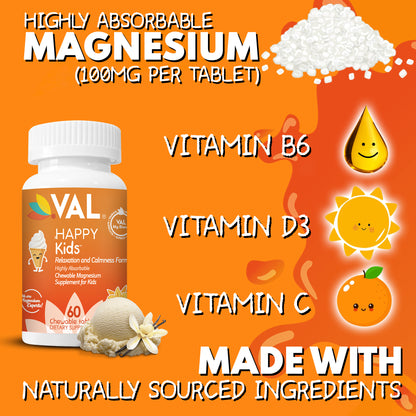 VAL Happy Kids Chewable Magnesium for Kids - Vanilla Sundae Flavor   Relaxation and Calm Formula - 60 Chewable Tablets