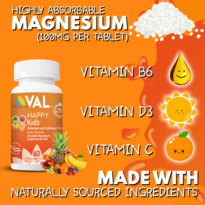 VAL Happy Kids Chewable Magnesium for Kids - Tropical Twist Delight Flavor   Relaxation and Calm Formula - 60 Chewable Tablets