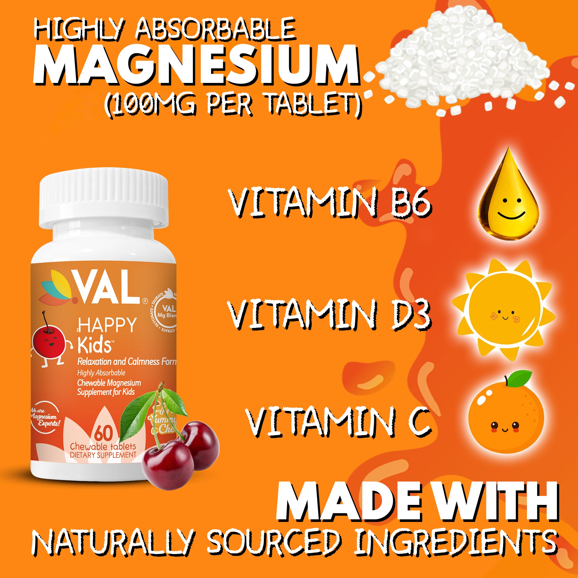 VAL Happy Kids Chewable Magnesium for Kids - Yummy Cherry Flavor   Relaxation and Calm Formula - 60 Chewable Tablets