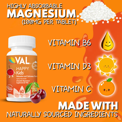 VAL Happy Kids Chewable Magnesium for Kids - Yummy Cherry Flavor   Relaxation and Calm Formula - 60 Chewable Tablets