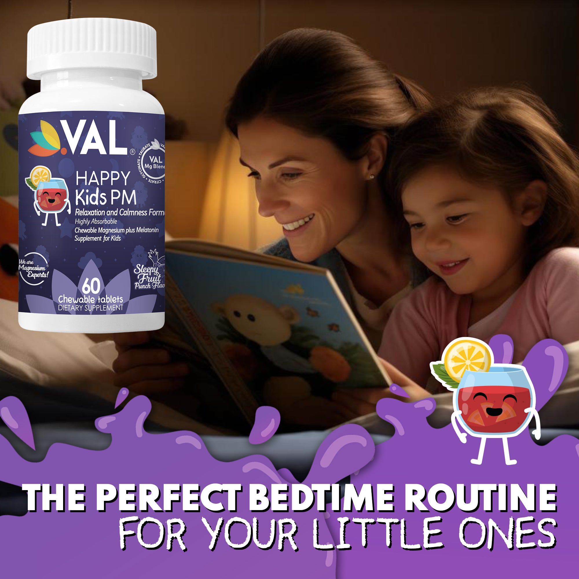 Peaceful Sleep & Bedtime Calm Sugar-Free Chewable – Magnesium + Melatonin, Vitamin B6 & C | 60 Tablets | VAL Happy Kids | Fruit Punch