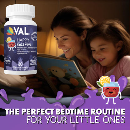 Peaceful Sleep & Bedtime Calm Sugar-Free Chewable – Magnesium + Melatonin, Vitamin B6 & C | 60 Tablets | VAL Happy Kids | Fruit Punch