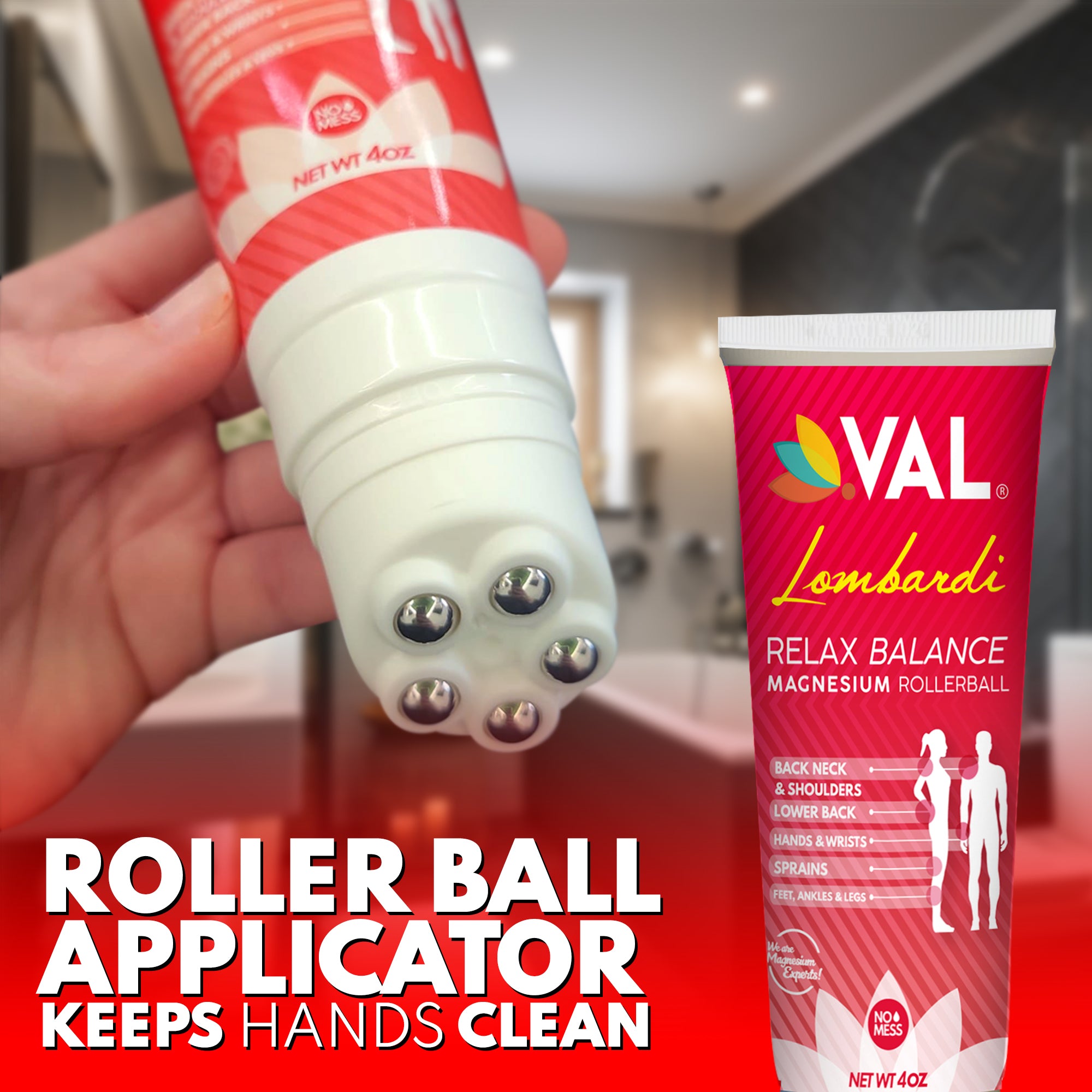 VAL Lombardi Magnesium Rollerball - Deep Pressure Massage Applicator with Cool-to-The-Touch Stainless Steel Rollerballs - 4oz