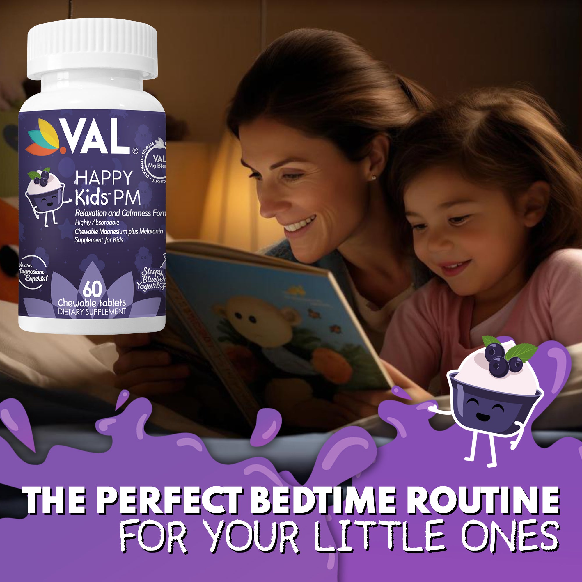 VAL Happy Kids Melatonin plus Magnesium Bedtime Routine Supplement - 60 Chew Tabs