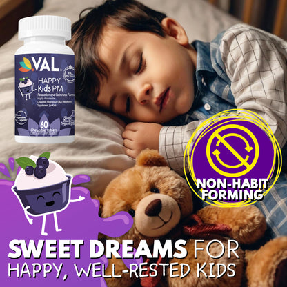 Peaceful Sleep & Bedtime Calm Sugar-Free Chewable – Magnesium + Melatonin, Vitamin B6 & C | 60 Tablets | VAL Happy Kids | Blueberry Yogurt
