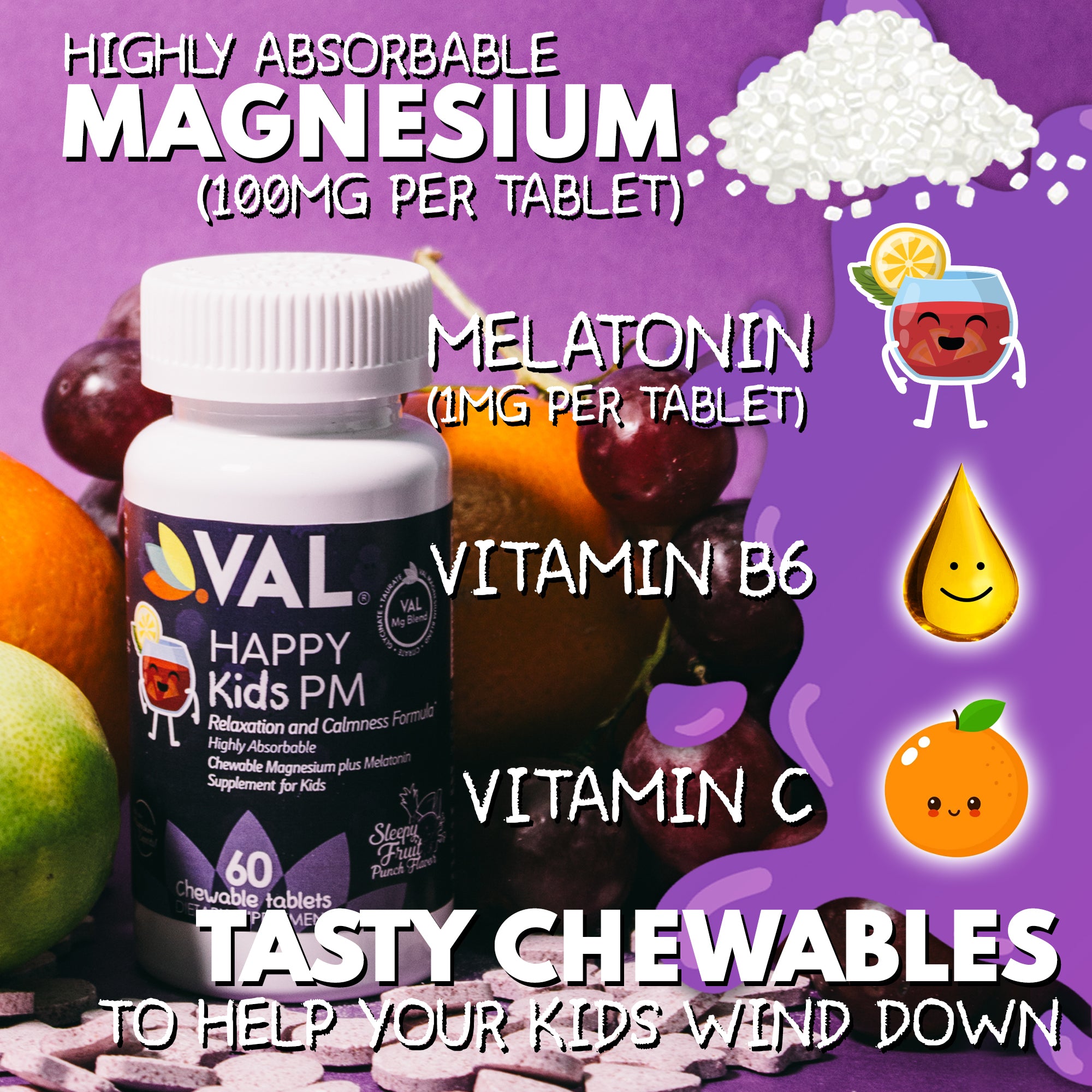 VAL Happy Kids Melatonin plus Magnesium Bedtime Routine Supplement - 60 Chew Tabs