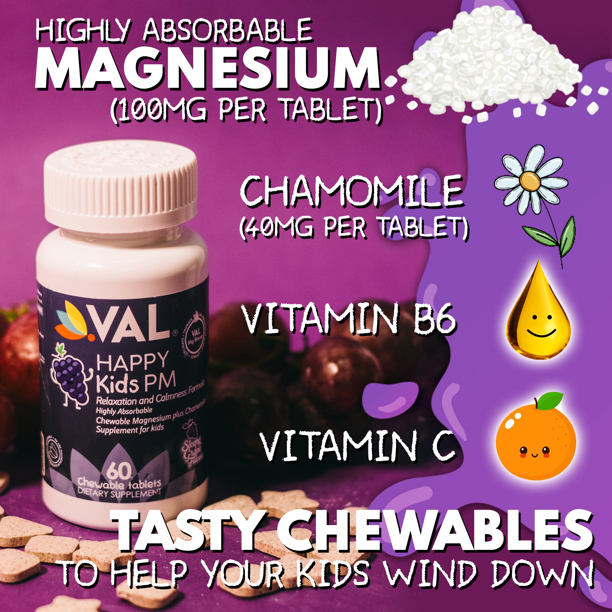 VAL Happy Kids Sleepy Grape PM Chewable: Magnesium, Chamomile, Bedtime Routine Supplement - 60 Chew Tabs60 Sugar-Free Tabs