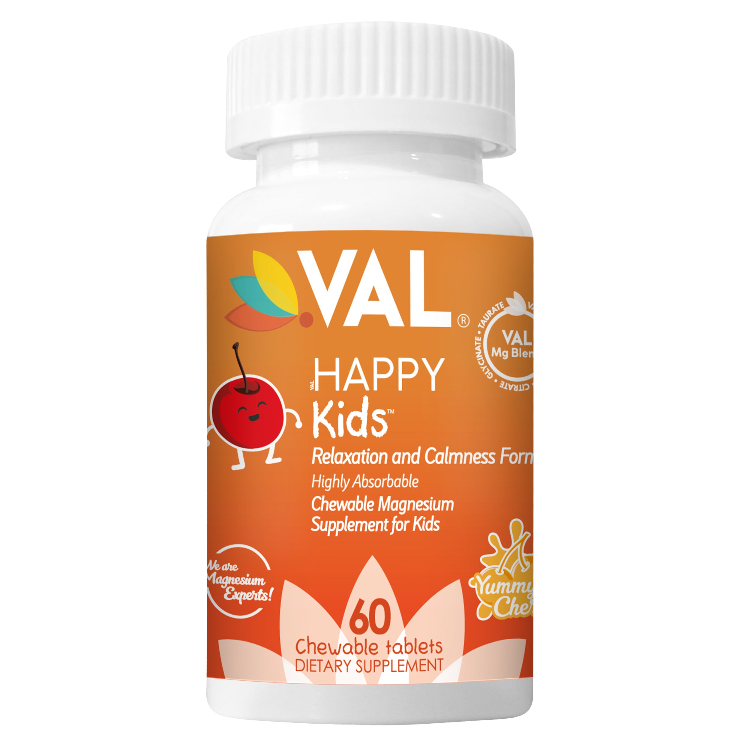 VAL Happy Kids Chewable Magnesium for Kids - Yummy Cherry Flavor   Relaxation and Calm Formula - 60 Chewable Tablets