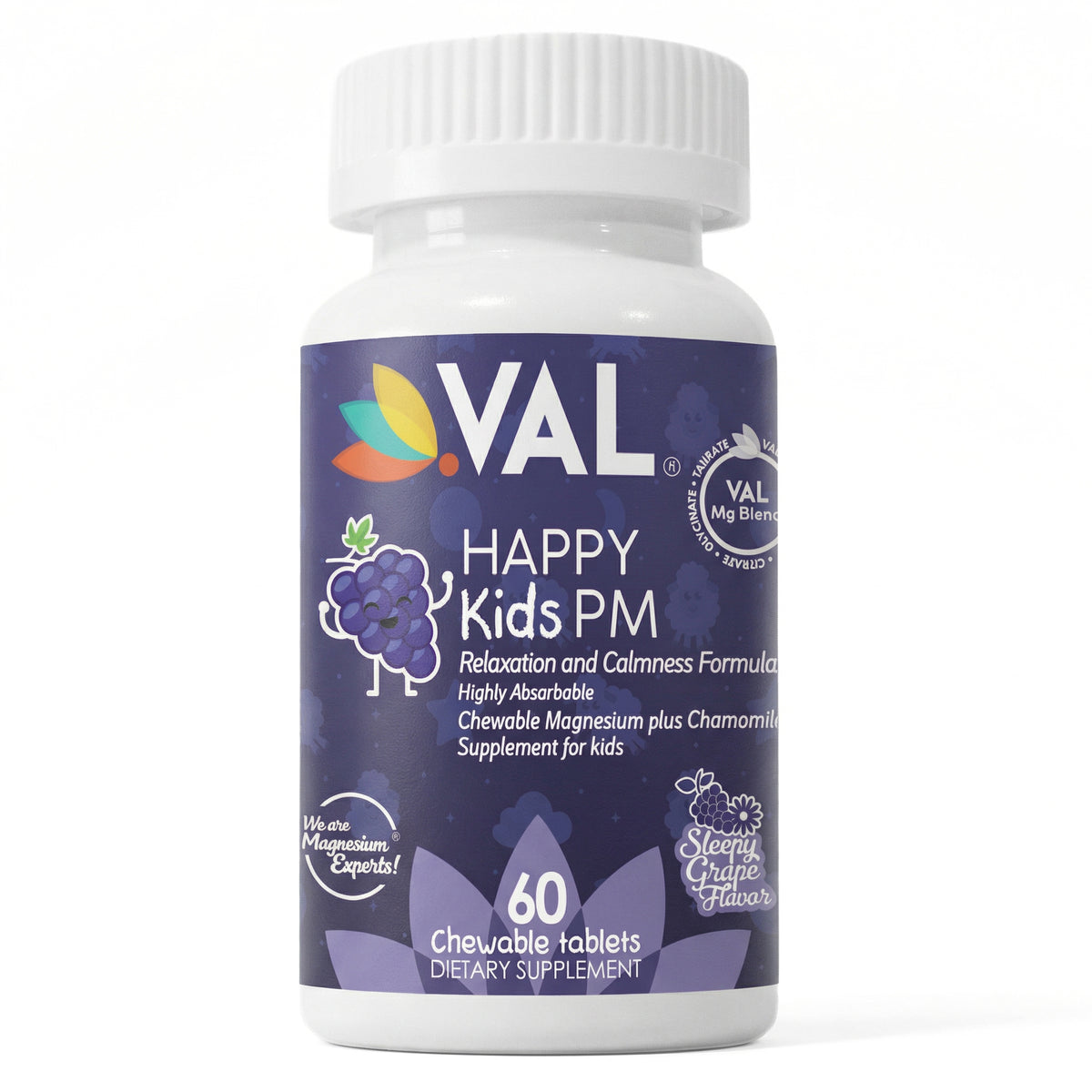 Peaceful Sleep & Bedtime Calm Sugar-Free Chewable – Magnesium + Chamomile | 60 Tablets | VAL Happy Kids