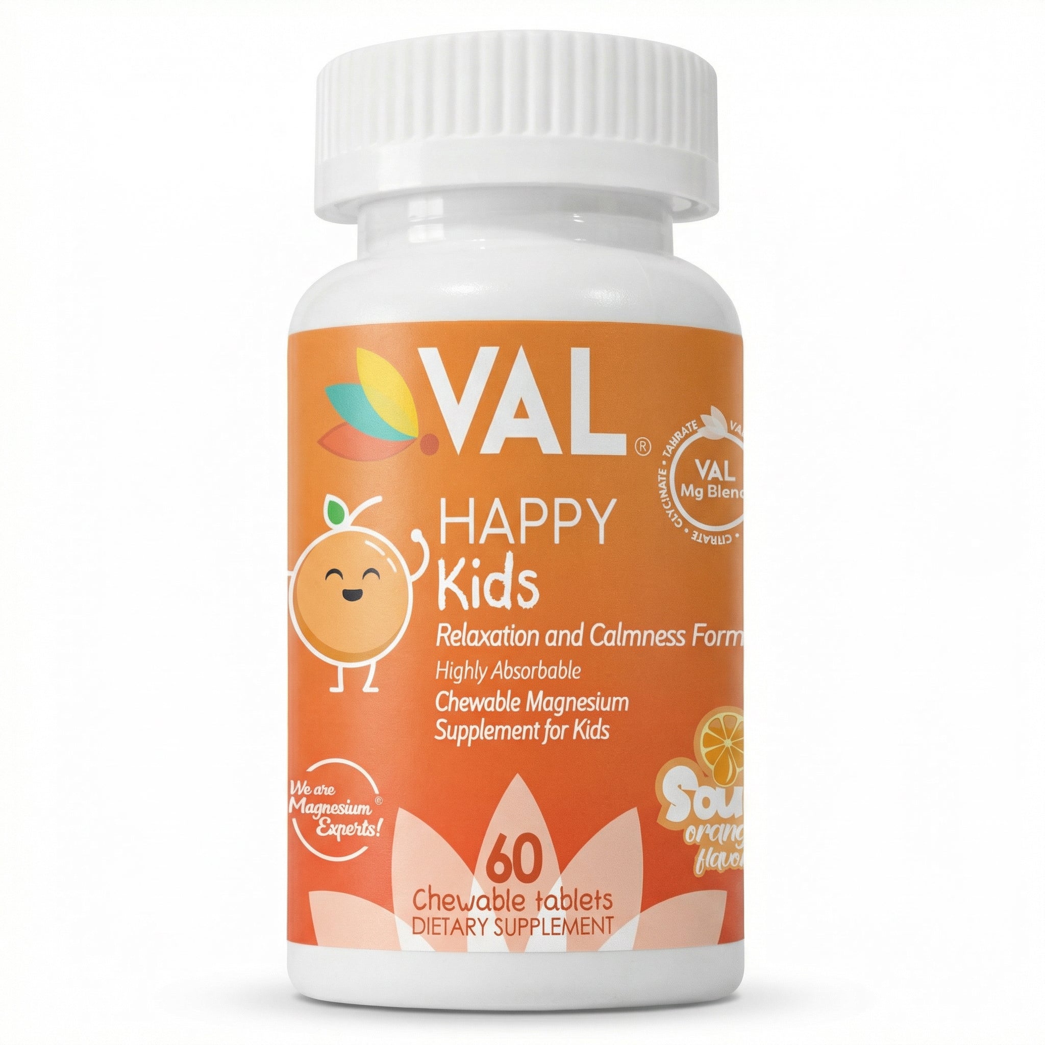Calm, Focus & Relaxation Sugar-Free Chewable Magnesium for Kids | 60 Tablets | VAL Happy | Sour Orange