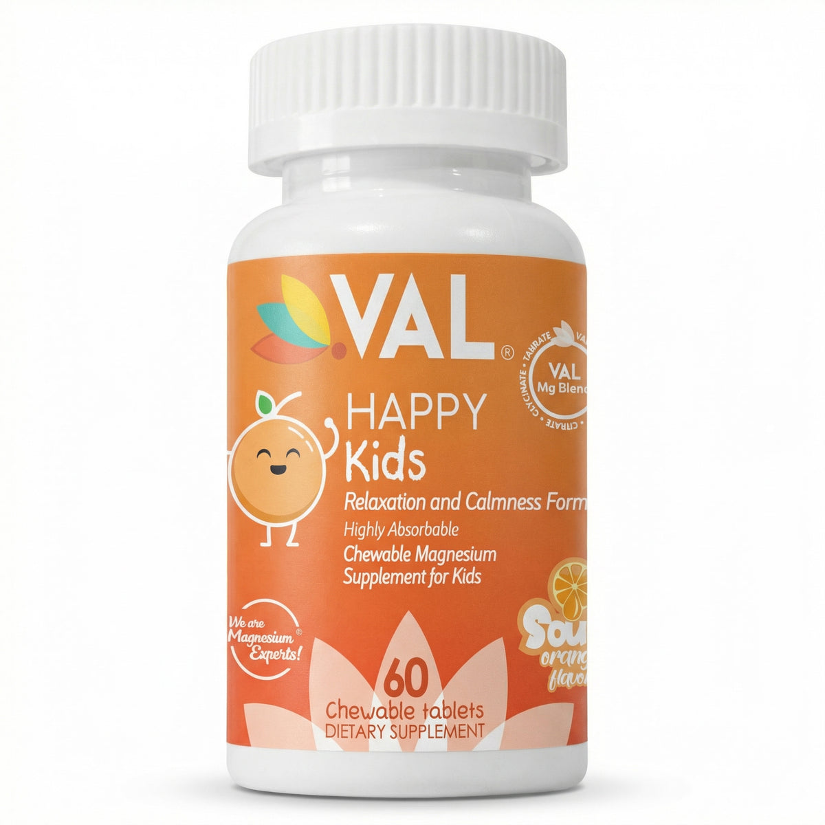 Calm, Focus & Relaxation Sugar-Free Chewable Magnesium for Kids | 60 Tablets | Sour Orange