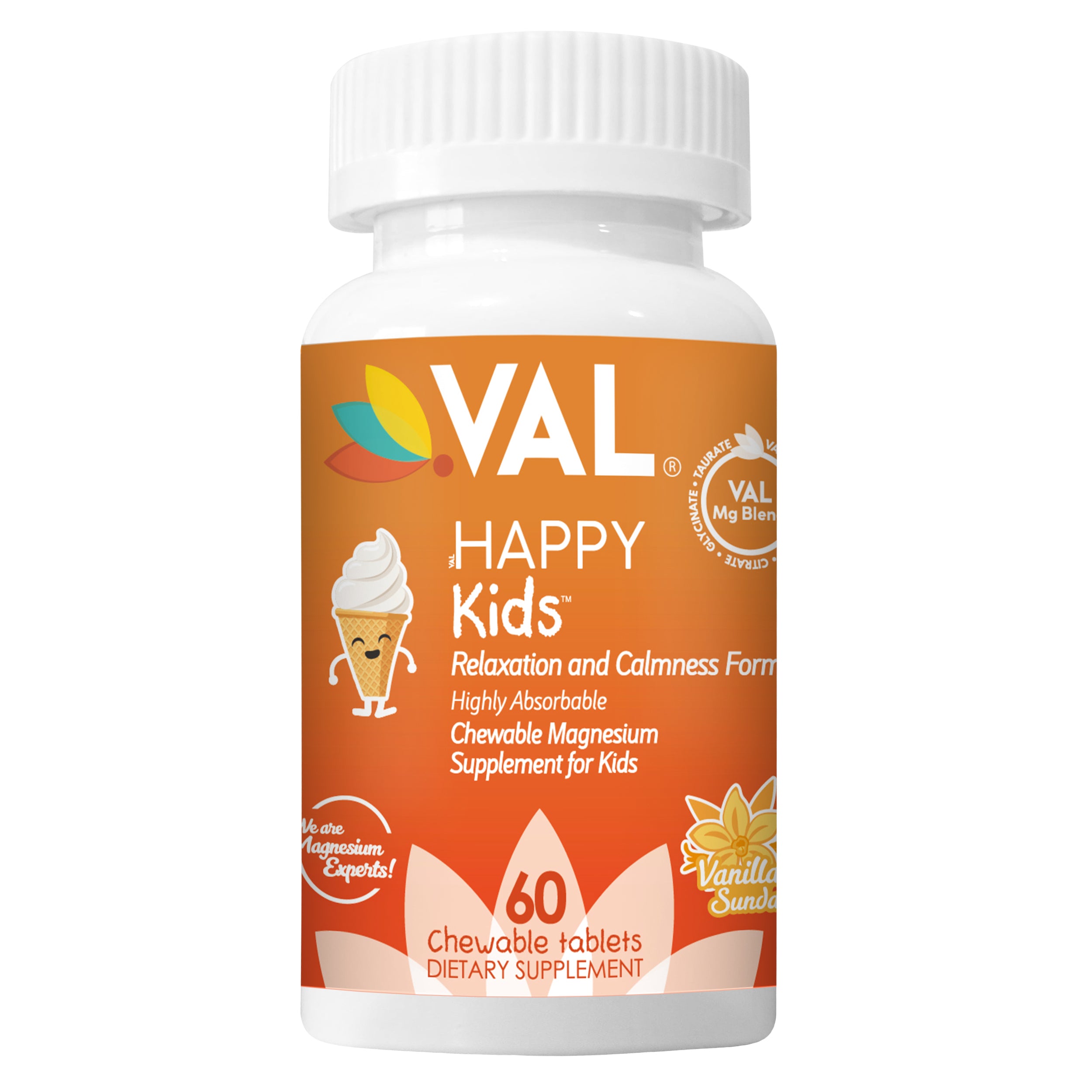 VAL Happy Kids Chewable Magnesium for Kids - Vanilla Sundae Flavor   Relaxation and Calm Formula - 60 Chewable Tablets