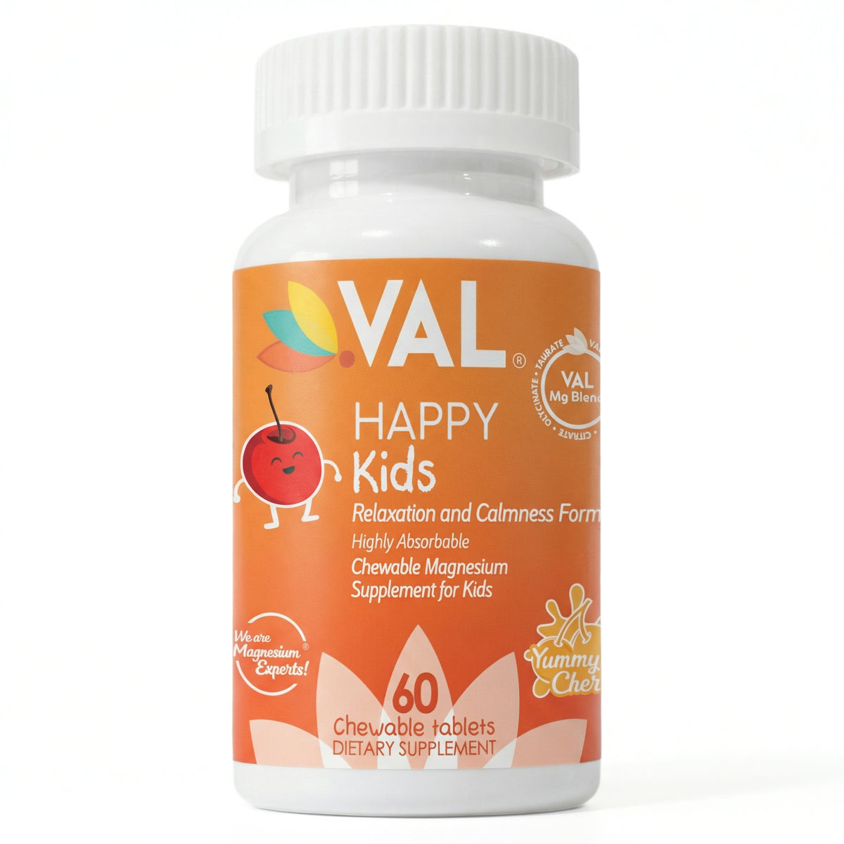 Calm, Focus & Relaxation Sugar-Free Chewable Magnesium for Kids | 60 Tablets | VAL Happy Kids | Yummy Cherry