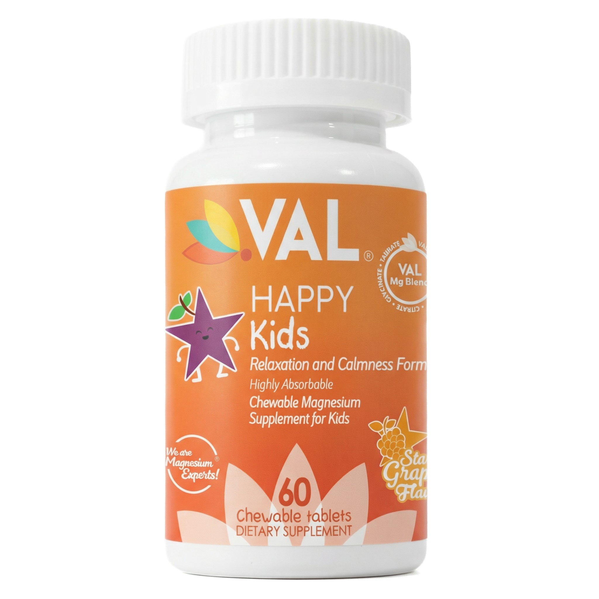 Calm, Focus & Relaxation Sugar-Free Chewable Magnesium for Kids | 60 Tablets | VAL Happy Kids | Star Grape
