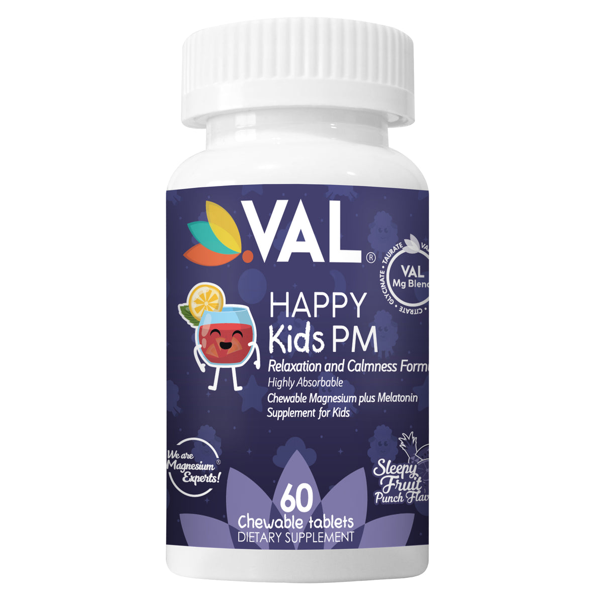 Peaceful Sleep & Bedtime Calm Sugar-Free Chewable – Magnesium + Melatonin, Vitamin B6 & C | 60 Tablets | Fruit Punch