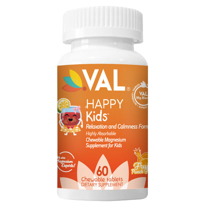 VAL Happy Kids Chewable Magnesium for Kids - Fruit Punch Flavor   Relaxation and Calm Formula - 60 Chewable Tablets