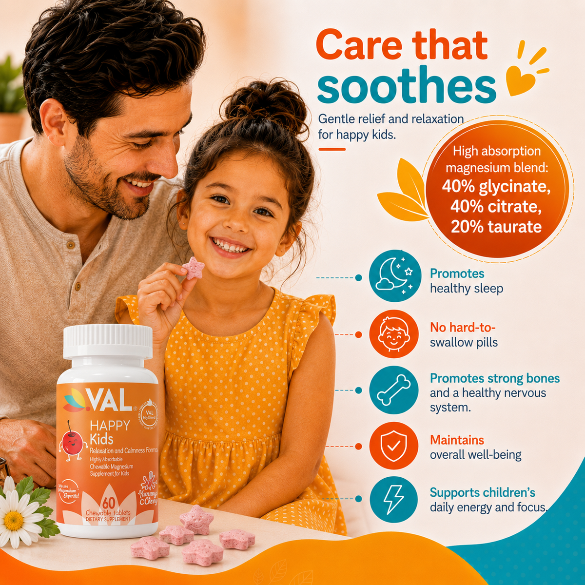 Calm, Focus & Relaxation Sugar-Free Chewable Magnesium for Kids | 60 Tablets | VAL Happy Kids | Yummy Cherry
