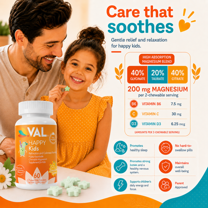 Calm, Focus & Relaxation Sugar-Free Chewable Magnesium for Kids | 60 Tablets | VAL Happy Kids | Lemonade