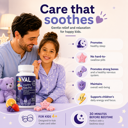 Peaceful Sleep & Bedtime Calm Sugar-Free Chewable – Magnesium + Melatonin, Vitamin B6 & C | 60 Tablets | VAL Happy Kids | Fruit Punch