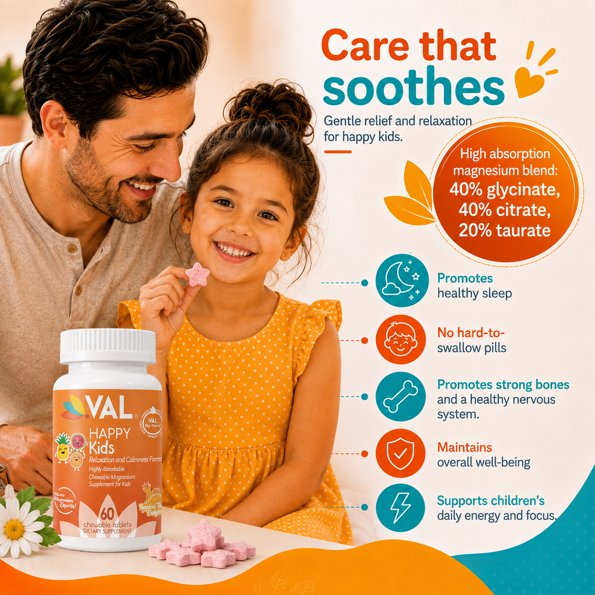 Calm, Focus & Relaxation Sugar-Free Chewable Magnesium for Kids | 60 Tablets | VAL Happy Kids | Tropical Twist