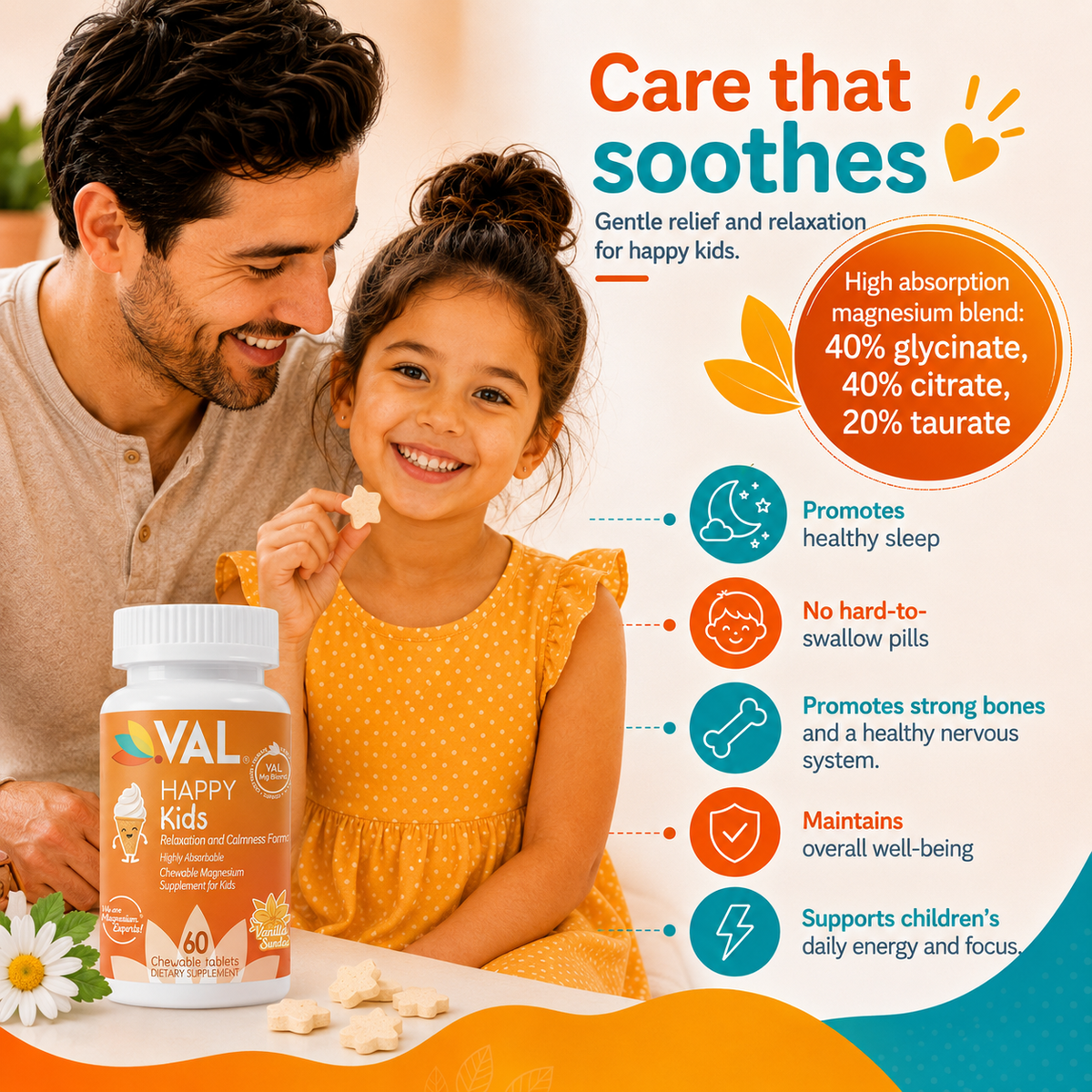 Calm, Focus & Relaxation Sugar-Free Chewable Magnesium for Kids | 60 Tablets | VAL Happy Kids | Vanilla