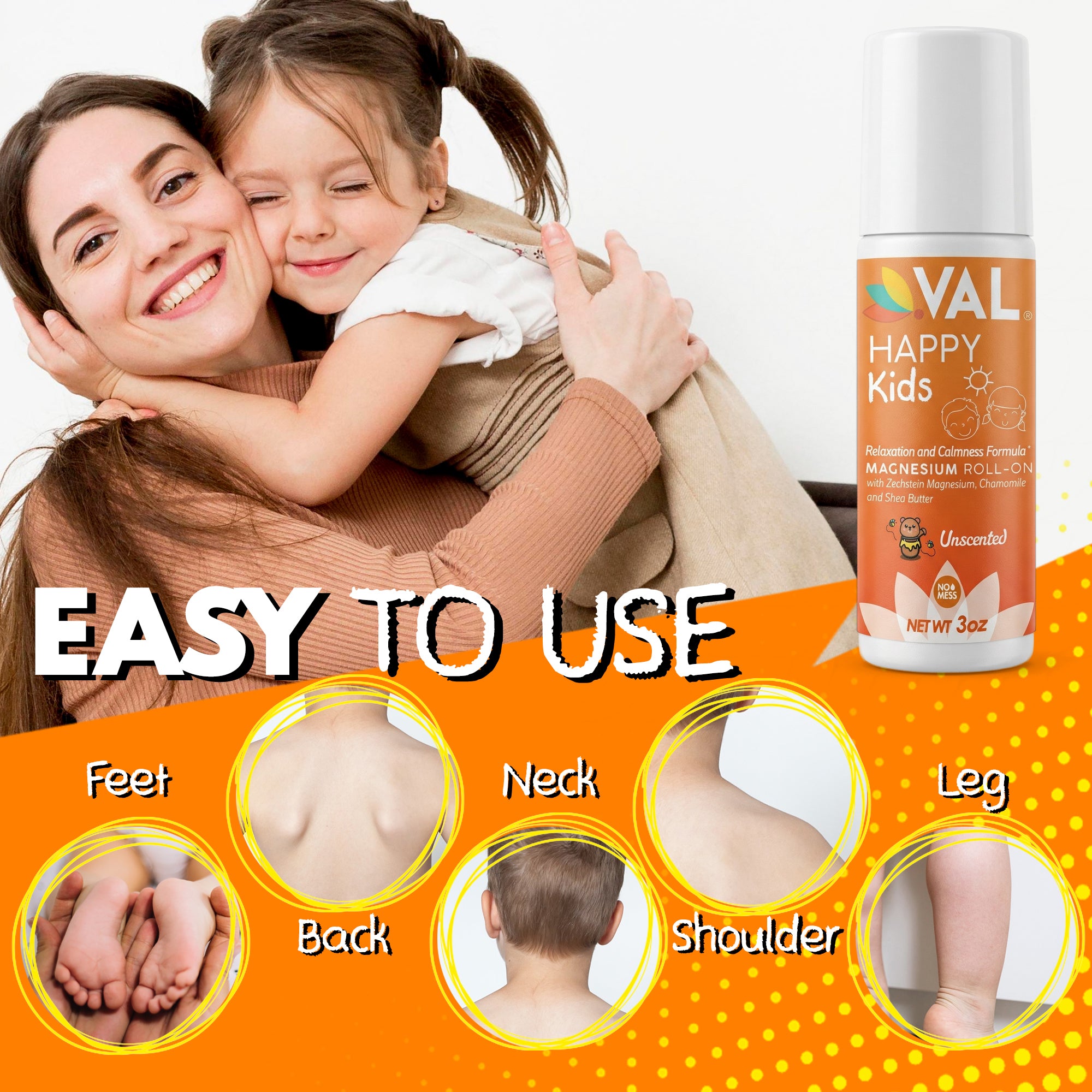 VAL Happy Kids Unscented Magnesium Roll-On, Relaxation & Calm Formula for Kids, Zechstein® Magnesium with Chamomile & Shea Butter, Fragrance-Free, 3 oz