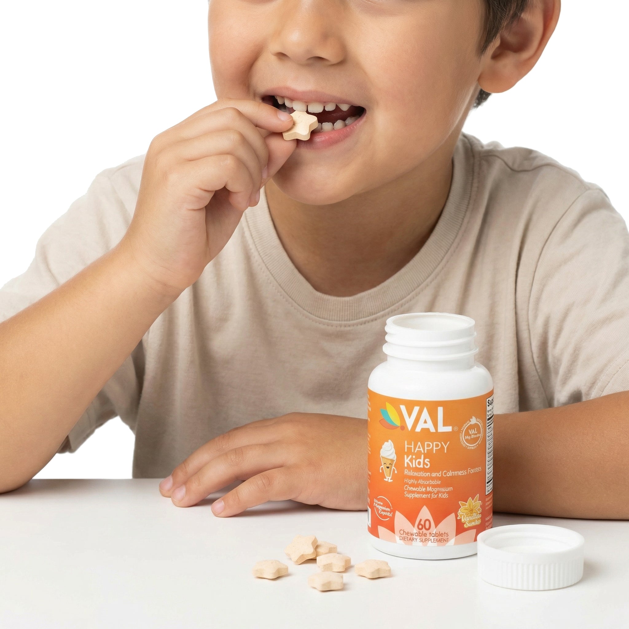 Calm, Focus & Relaxation Sugar-Free Chewable Magnesium for Kids | 60 Tablets | VAL Happy Kids | Vanilla