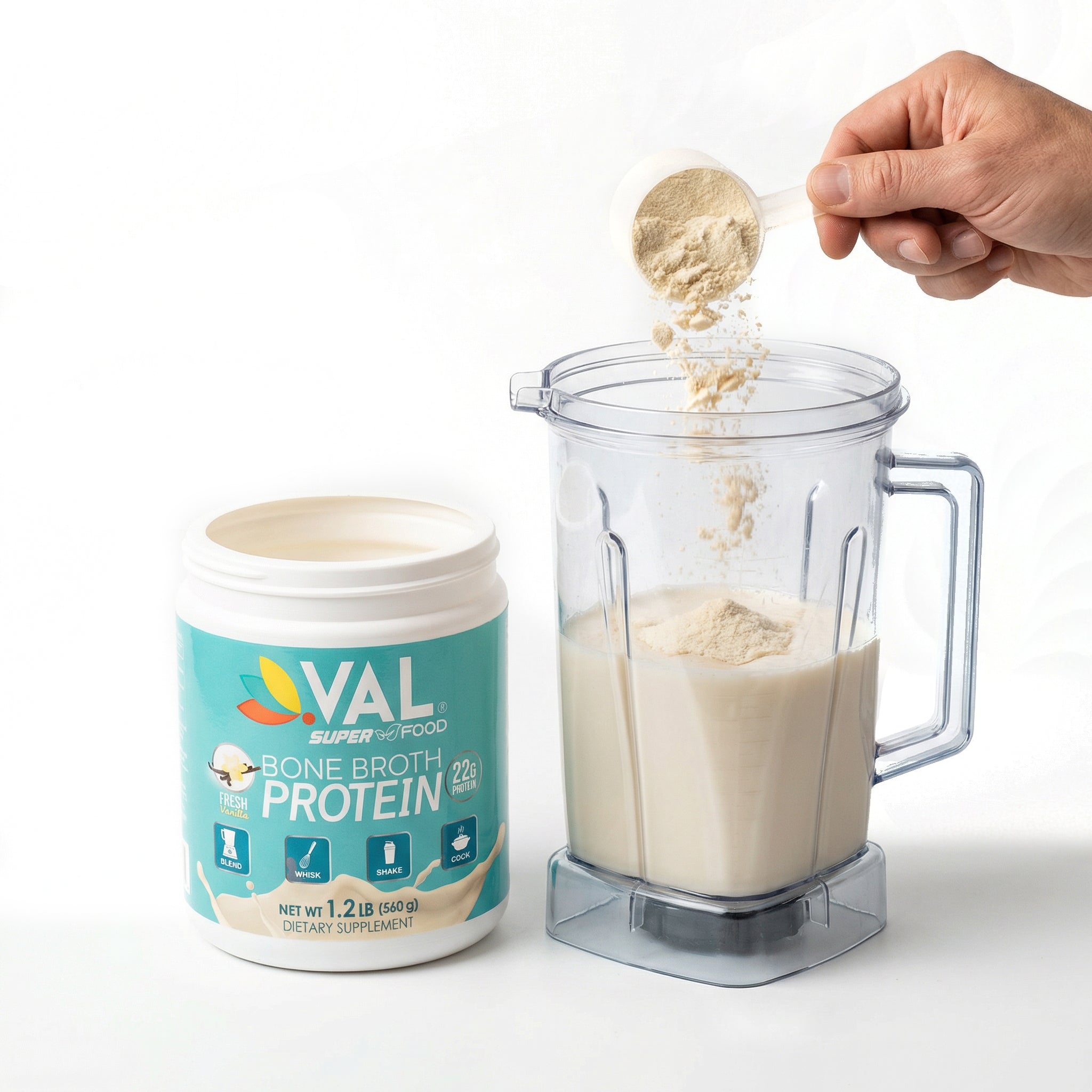 Bone Broth Protein Powder – 22g Protein + 12g Collagen with MCT & Pea Protein – Chicken Broth Blend | 16 Servings | VAL ESSENTIALS