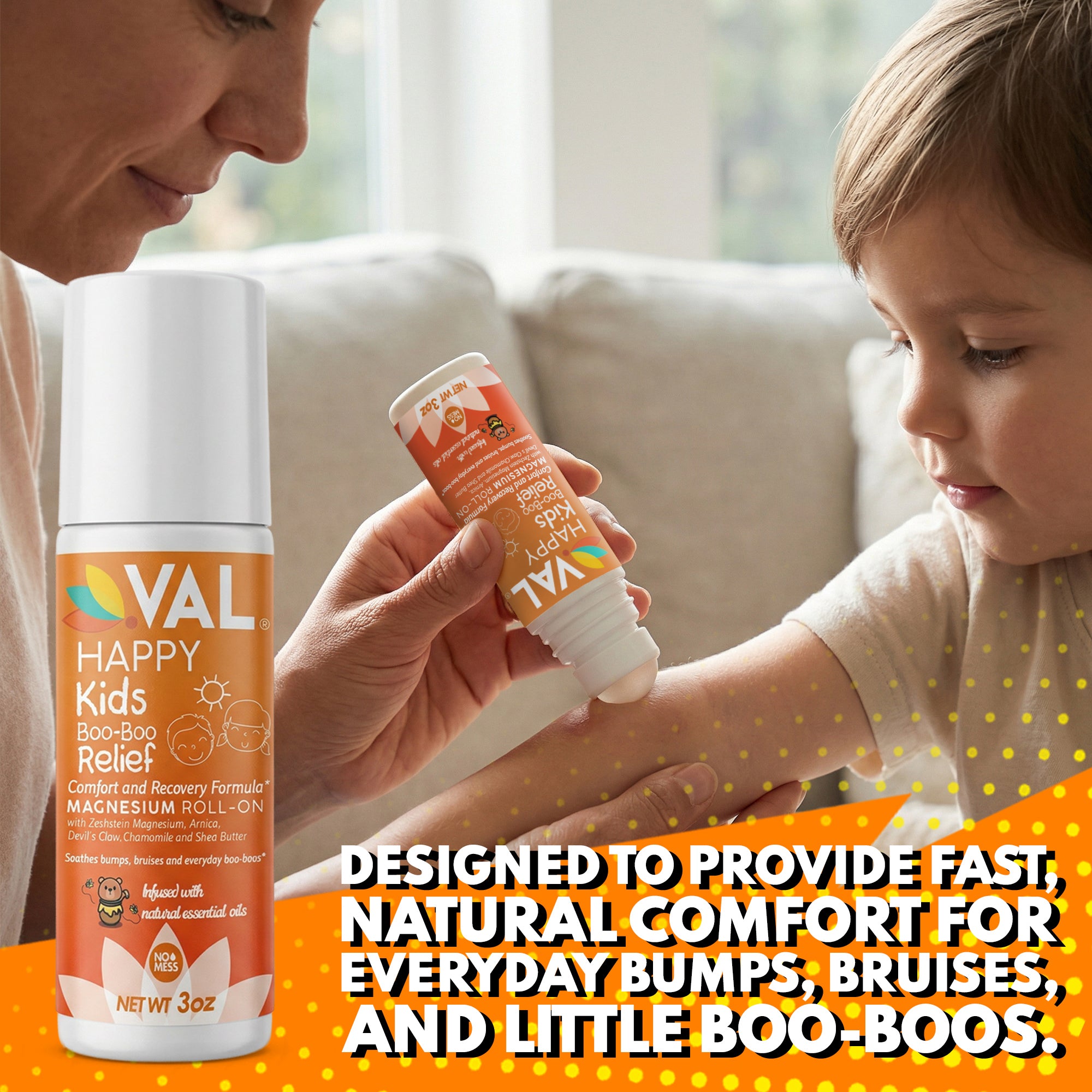 VAL Happy Kids Boo-Boo Relief Magnesium Roll-On for Kids, Zechstein® Magnesium with Arnica & Chamomile, Soothing Comfort Formula, Topical Roll-On, 3 oz