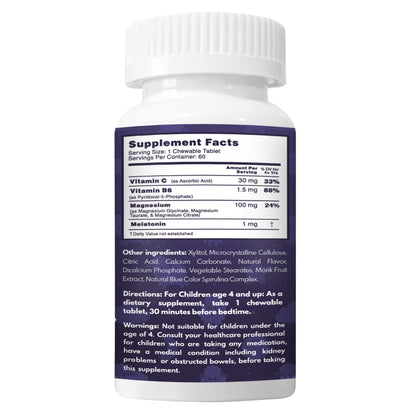 Peaceful Sleep & Bedtime Calm Sugar-Free Chewable – Magnesium + Melatonin, Vitamin B6 & C | 60 Tablets | VAL Happy Kids | Blueberry Yogurt