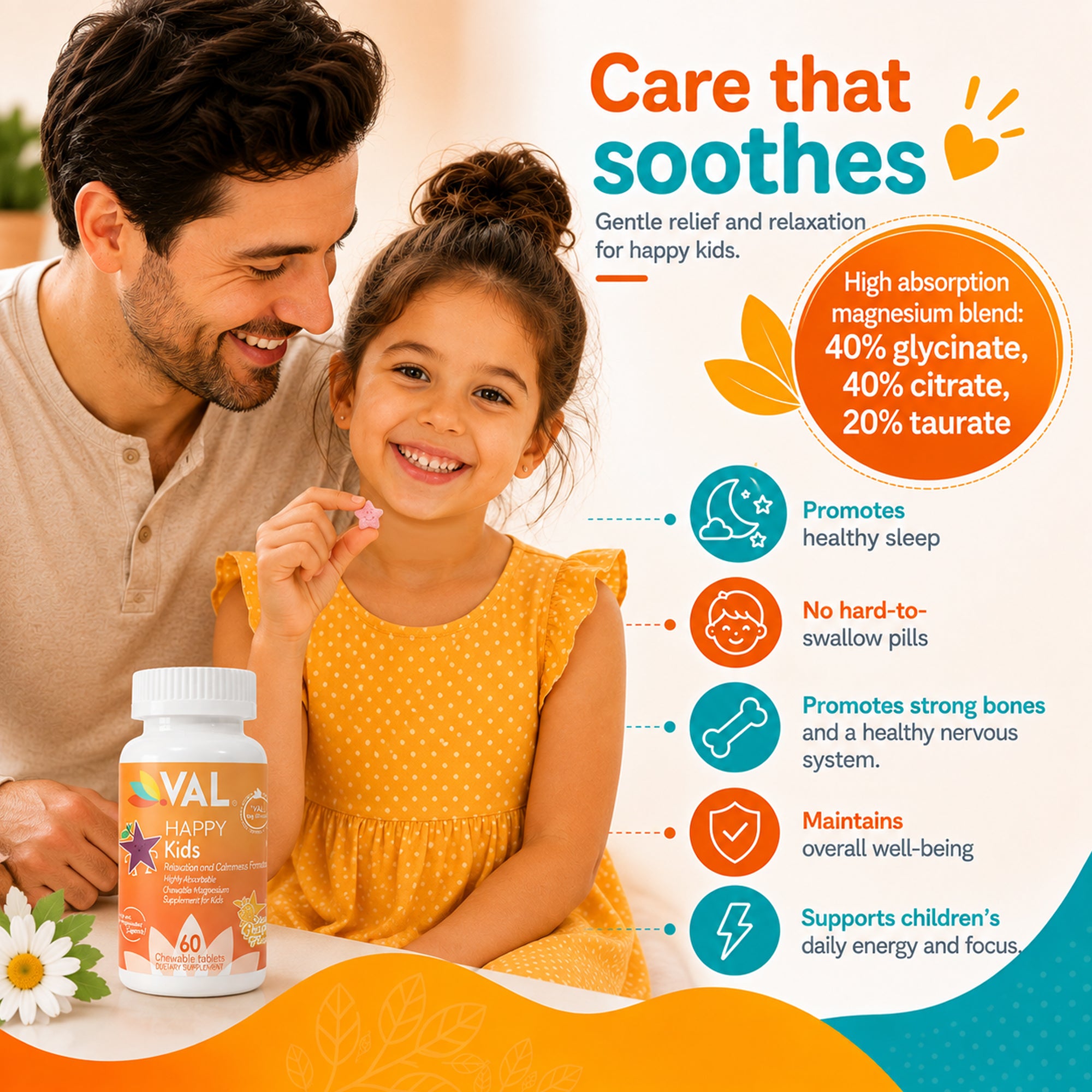 Calm, Focus & Relaxation Sugar-Free Chewable Magnesium for Kids | 60 Tablets | VAL Happy Kids | Star Grape