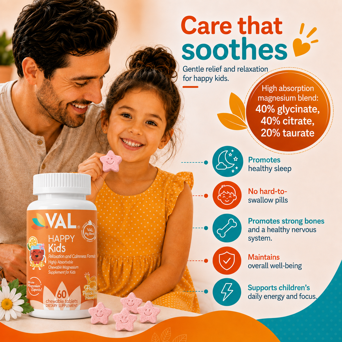 Calm, Focus & Relaxation Sugar-Free Chewable Magnesium for Kids | 60 Tablets | VAL Happy Kids | Fruit Punch