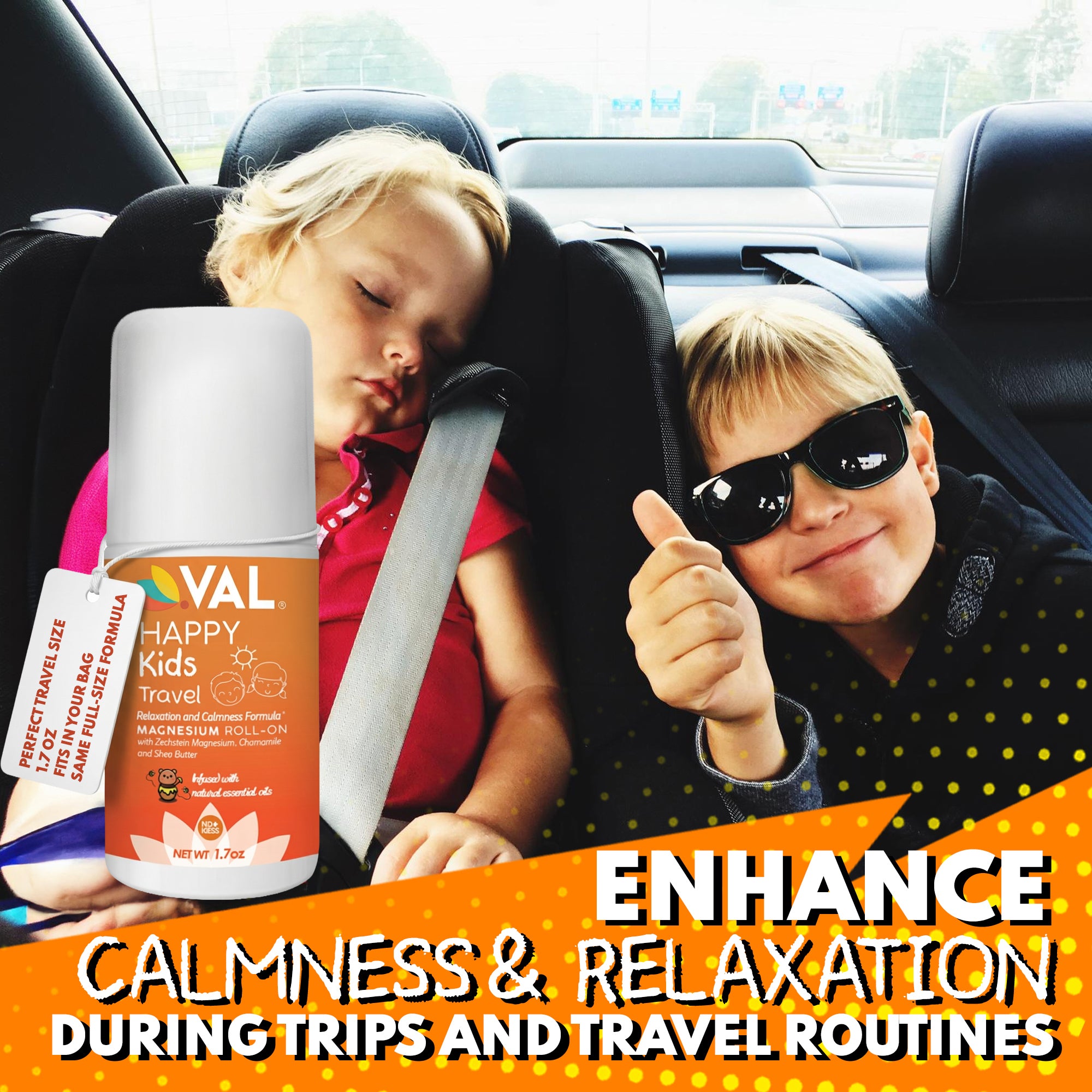 VAL Happy Kids Travel Magnesium Roll-On, Relaxation & Calmness Formula for Kids, Zechstein® Magnesium with Chamomile & Shea Butter, Topical Roll-On, 1.7 oz