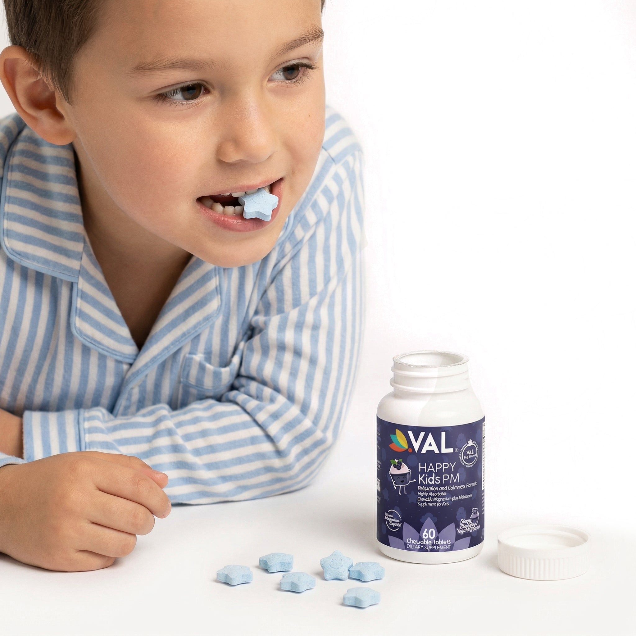 Peaceful Sleep & Bedtime Calm Sugar-Free Chewable – Magnesium + Melatonin, Vitamin B6 & C | 60 Tablets | VAL Happy Kids | Blueberry Yogurt.