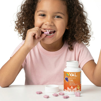 Iron Healthy Energy & Support Chewable for Kids – Sugar-Free | 60 Fun-Shaped Tablets | VAL Happy Kids