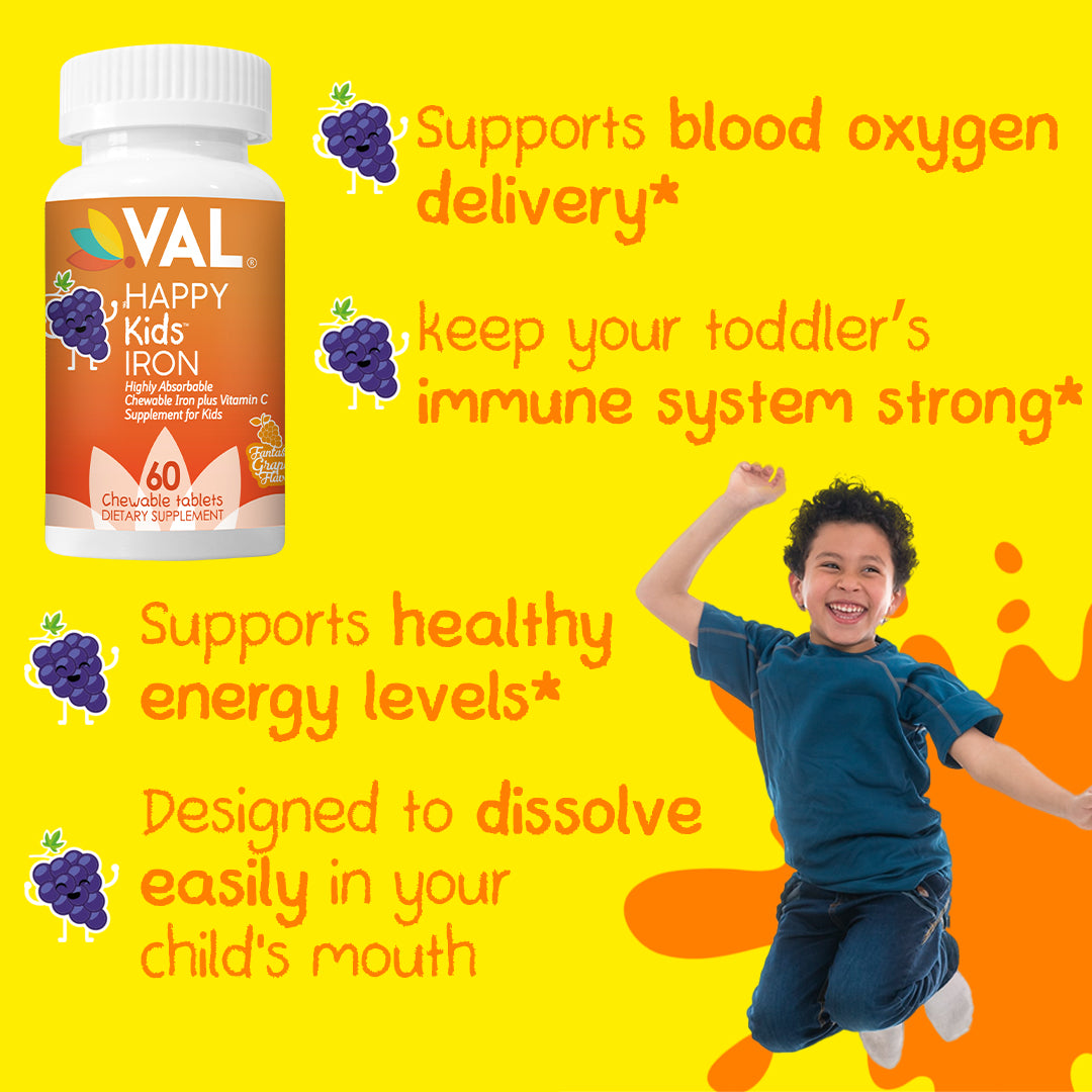 VAL Happy Kids Iron Supplement for Kids, Sugar Free, Fantastic Grape Flavor, Fun-Shaped - 60 Chewable Tablets