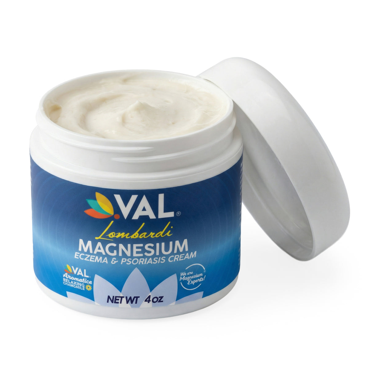 Open jar of VAL Lombardi Zechstein magnesium cream showing smooth texture for eczema psoriasis relief