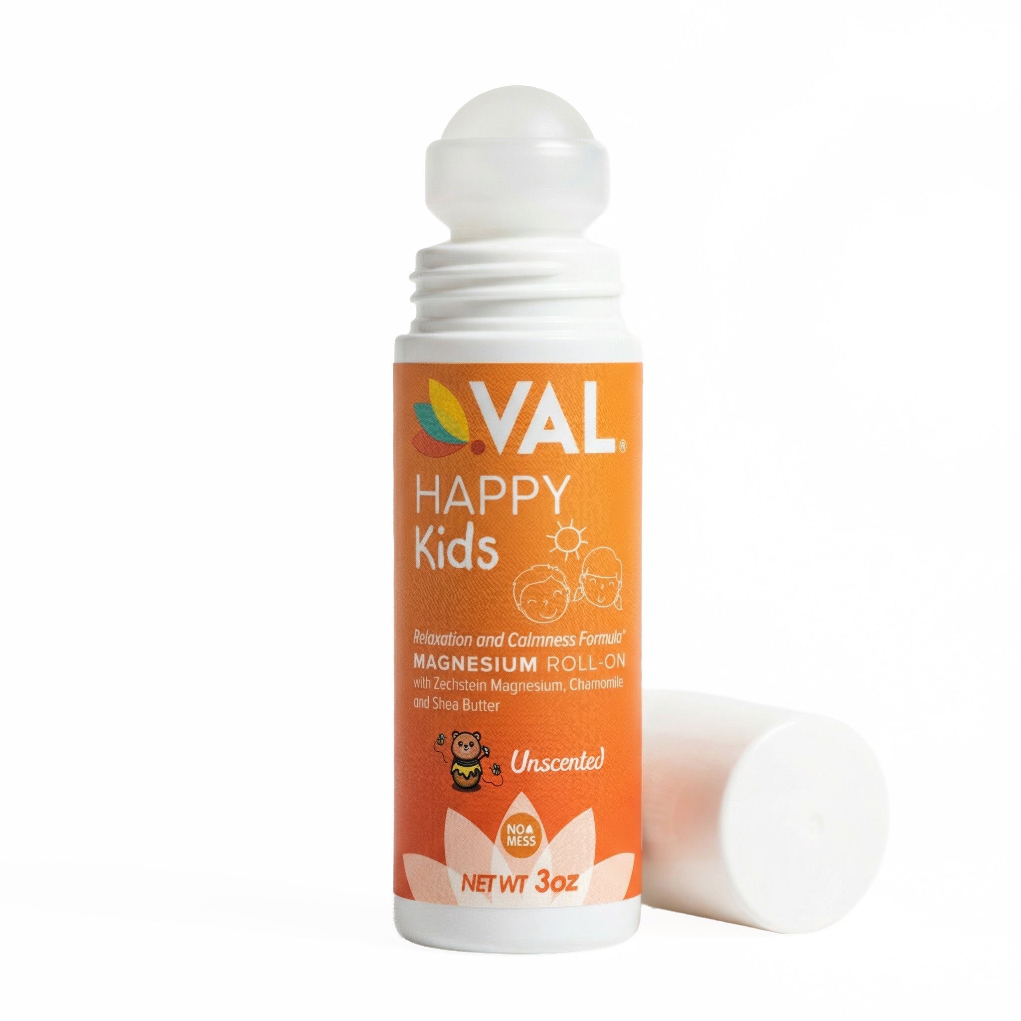 VAL Happy Kids Unscented Magnesium Roll-On, Relaxation & Calm Formula for Kids, Zechstein® Magnesium with Chamomile & Shea Butter, Fragrance-Free, 3 oz