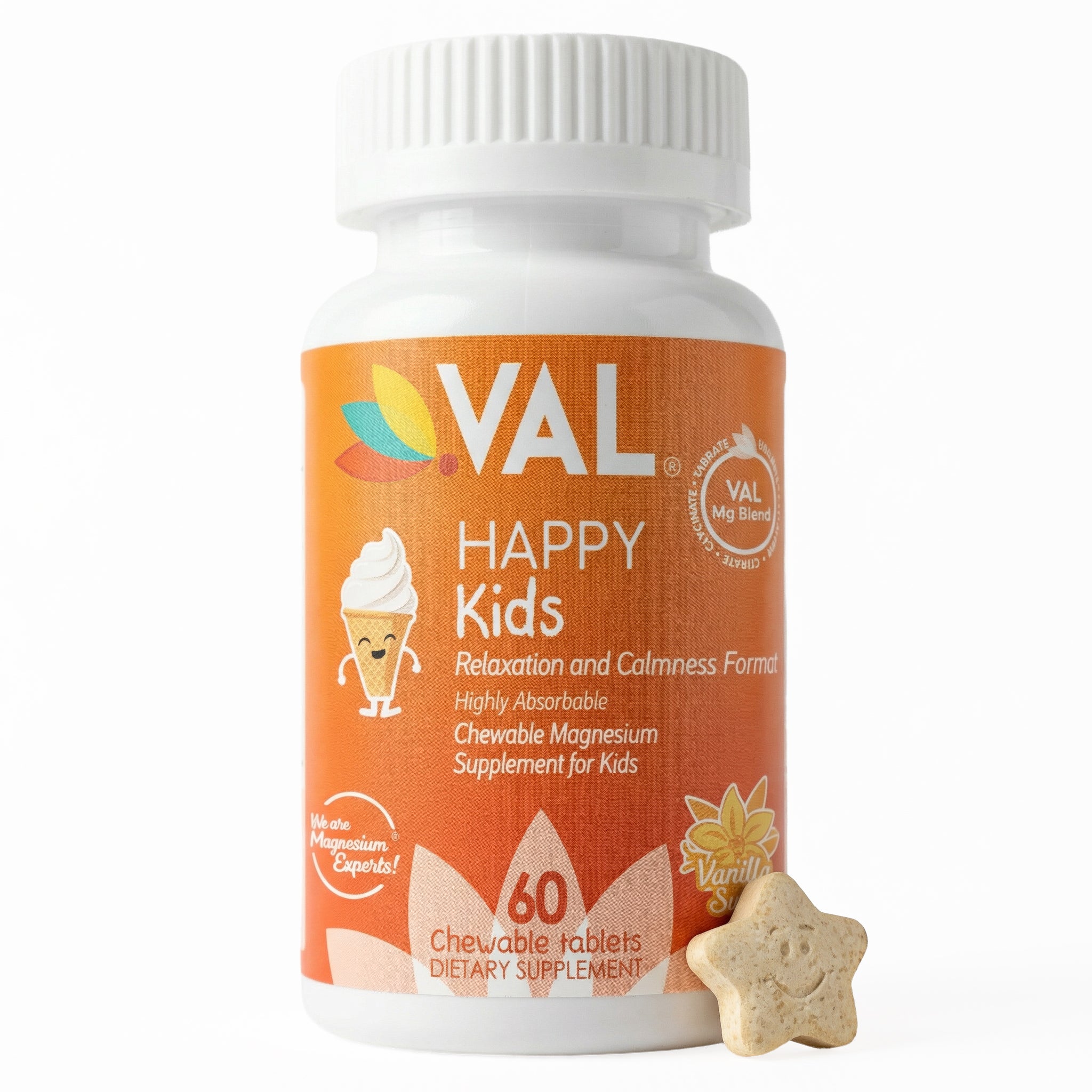 Calm, Focus & Relaxation Sugar-Free Chewable Magnesium for Kids | 60 Tablets | VAL Happy Kids | Vanilla