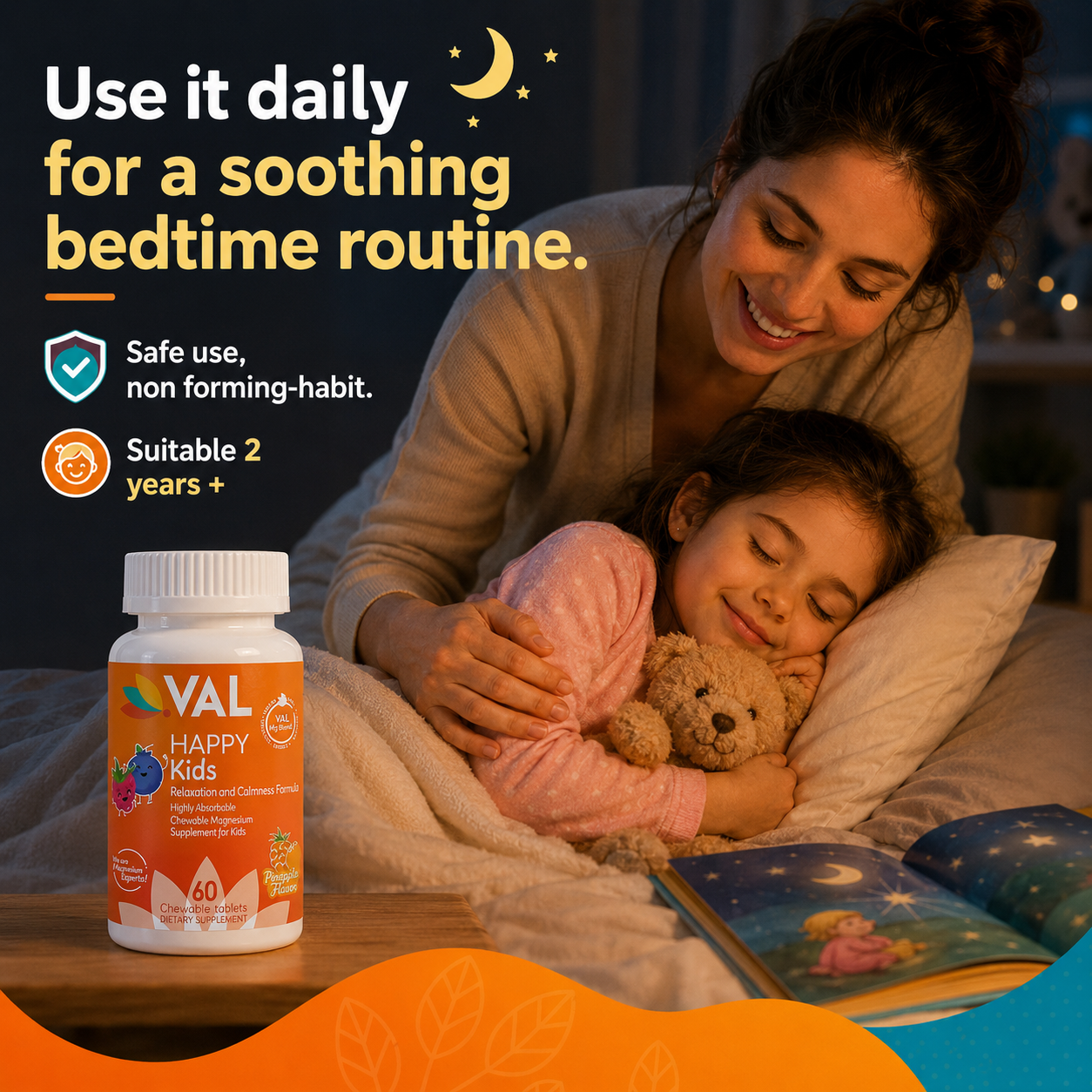 Calm, Focus & Relaxation Sugar-Free Chewable Magnesium for Kids | 60 Tablets | VAL Happy Kids | Berrylicious