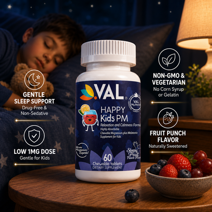 Peaceful Sleep & Bedtime Calm Sugar-Free Chewable – Magnesium + Melatonin, Vitamin B6 & C | 60 Tablets | VAL Happy Kids | Fruit Punch