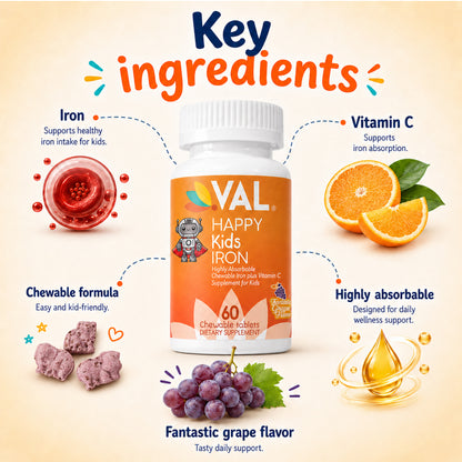 Iron Healthy Energy & Support Chewable for Kids – Sugar-Free | 60 Fun-Shaped Tablets | VAL Happy Kids