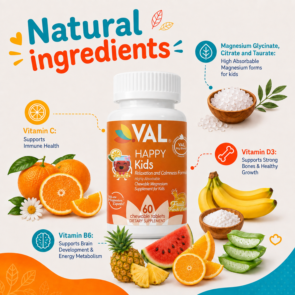 Calm, Focus & Relaxation Sugar-Free Chewable Magnesium for Kids | 60 Tablets | VAL Happy Kids | Fruit Punch
